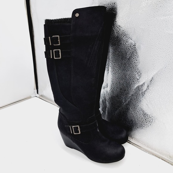 Chelsee Girl Black Knee High Wedge Heel 9 - Picture 3 of 15